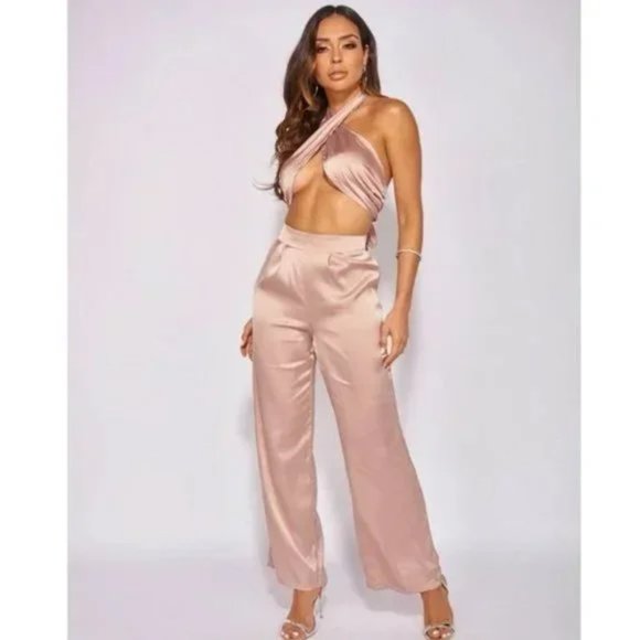 Nude Satin Silk Halter Neck Crop Top and High Waist Wide Leg Pants Two Piece Set - Picture 13 of 17